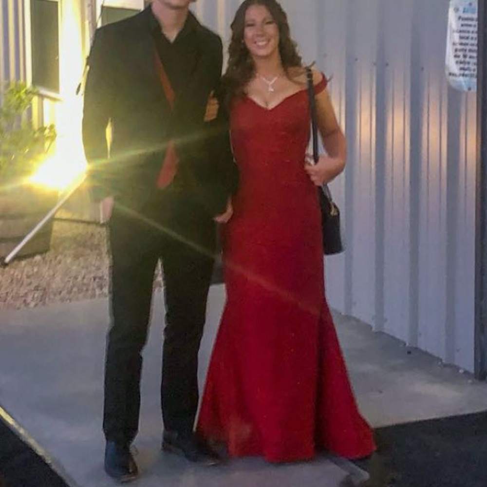 Red off the shoulder prom dress